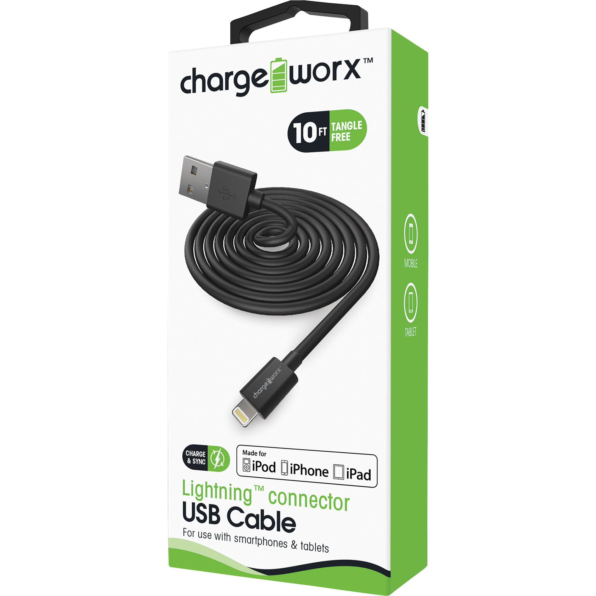 Charge Worx GoTough Sync and Charge Cable, 10ft.L, Model# CX4601BK